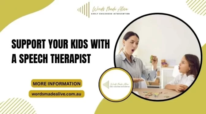 A Speech Therapist for Children teaches a young girl how to make sounds. Included: "Words Made Alive" logo and website.